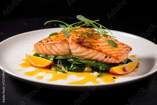 Plate With Salmon, A Delicious Meal of Fresh Fish Served on a White Dish, Zesty citrus salmon, featuring a perfectly cooked fillet of salmon marinated with a tangy citrus glaze, AI Generated