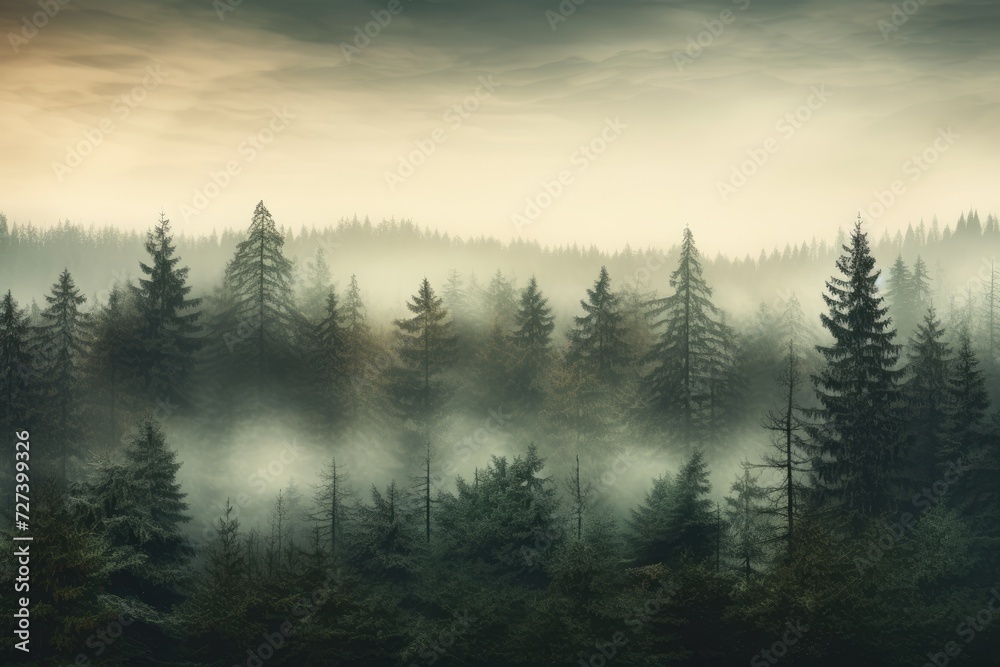 A captivating image of a foggy forest with a multitude of trees creating a serene and peaceful ambiance., Misty landscape with fir forest in vintage retro style, AI Generated