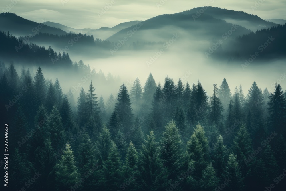 A serene forest teeming with towering trees immersed in a ethereal fog, creating a mystical atmosphere., Misty landscape with fir forest in vintage retro style, AI Generated