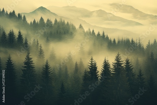 A captivating painting of a foggy forest featuring majestic mountains in the background., Misty landscape with fir forest in vintage retro style, AI Generated