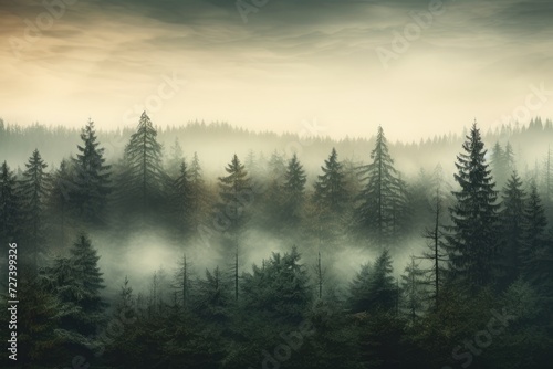 A captivating image of a foggy forest with a multitude of trees creating a serene and peaceful ambiance.  Misty landscape with fir forest in vintage retro style  AI Generated