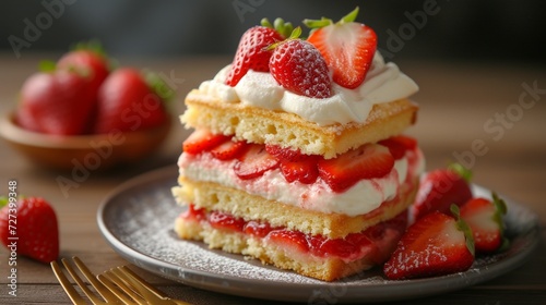 A fluffy strawberry shortcake, layers of sponge cake, fresh strawberries, and whipped cream.