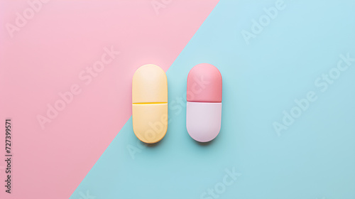 Pills, creative minimalist photo, pastel background, health day, modern concept. photo