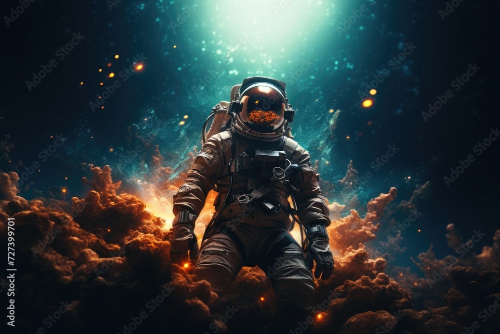A man in a space suit stands tall amidst the white and fluffy clouds, showcasing the beauty of space exploration, Portrait of astronaut floating in space, AI Generated A man in a space suit stands tall amidst the white and fluffy clouds, showcasing the beauty of space exploration, Portrait of astronaut floating in space, AI Generated