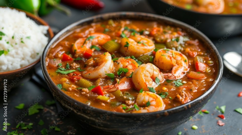 A bowl of seafood gumbo, a Cajun delight, with shrimp, crab, and okra in a spicy broth.