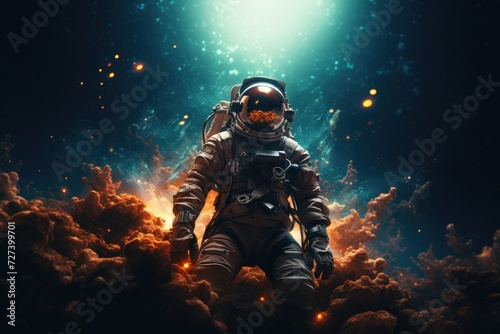 A man in a space suit stands tall amidst the white and fluffy clouds, showcasing the beauty of space exploration, Portrait of astronaut floating in space, AI Generated