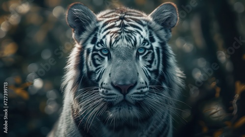 Stunning close-up of a white tiger in a lush tree jungle  captured in a high-res 8k masterpiece