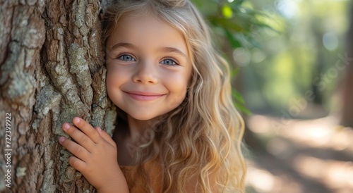 A young girl with a radiant smile stands in an outdoor setting  her long brown hair cascading down her skin  as she poses for a portrait against a backdrop of trees