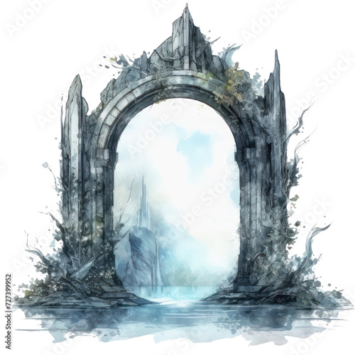 Gothic portal with a Magic landscape. Fantasy dark mood stone gate watercolor illustration.