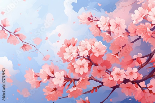 A vibrant painting featuring pink flowers against a serene blue background, Sakura, Cherry blossom, Spring flowers, Floral background, AI Generated