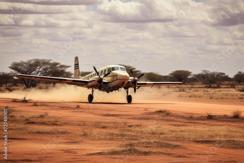 A small plane successfully makes a landing on a dirt road, demonstrating precise control and skill, Small prop plane landing on a dirt landing strip in Africa, AI Generated