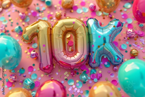 social media concept 10K written in holographic foil balloons on a bold colorful background, confetti, subscribers