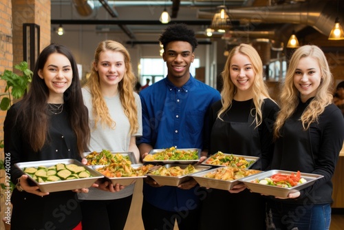 A gathering of individuals holding trays laden with various types of food, Smiling students standing in line holding food trays, AI Generated