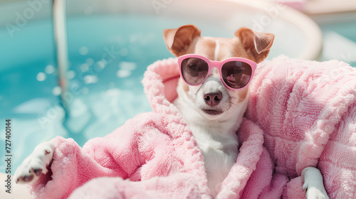A funny dog in a pink bathrobe and glasses lies by the pool in the sun, enjoying a vacation.