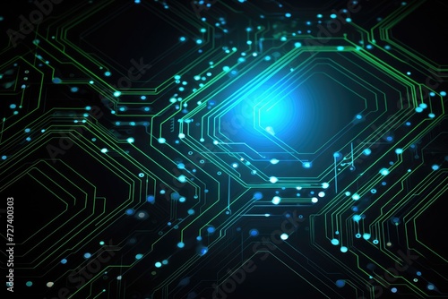 A computer circuit board displaying a blue light in its center, symbolizing technology, connection, and power, Technology background vector abstract futuristic circuit board hexagonal, AI Generated