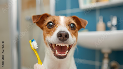 A dog with a toothbrush is brushing his teeth in the bathroom. Hygiene and health