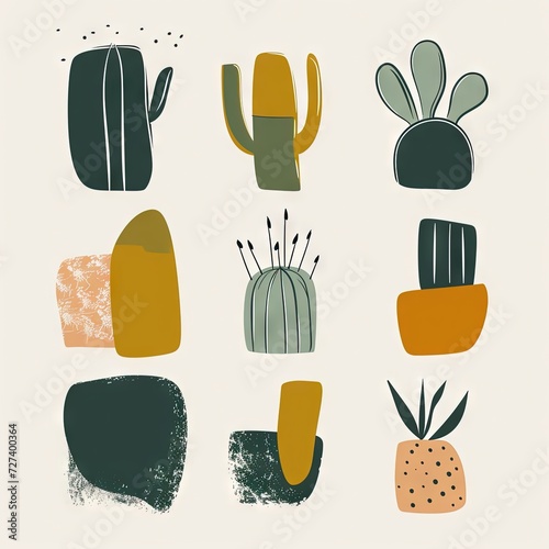 small clipart set of 6 simple abstract cactus, non uniform shapes, petrol green, light green, brick color and mustard, in the style of minimalist graphic designer, pencil strokes photo