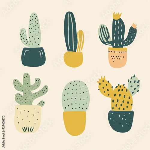 small clipart set of 6 simple abstract cactus, non uniform shapes, petrol green, light green, brick color and mustard, in the style of minimalist graphic designer, pencil strokes photo