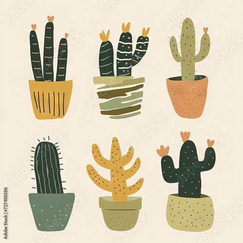 small clipart set of 6 simple abstract cactus, non uniform shapes, petrol green, light green, brick color and mustard, in the style of minimalist graphic designer, pencil strokes photo