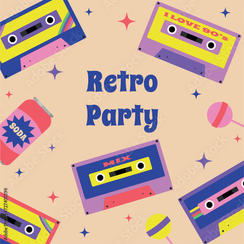 Bright vintage poster from the 90s and 80s. Cassette tapes for a tape recorder, a tin can, candy. Vector template for music events, poster, banner, advertisement, invitation, social media post.