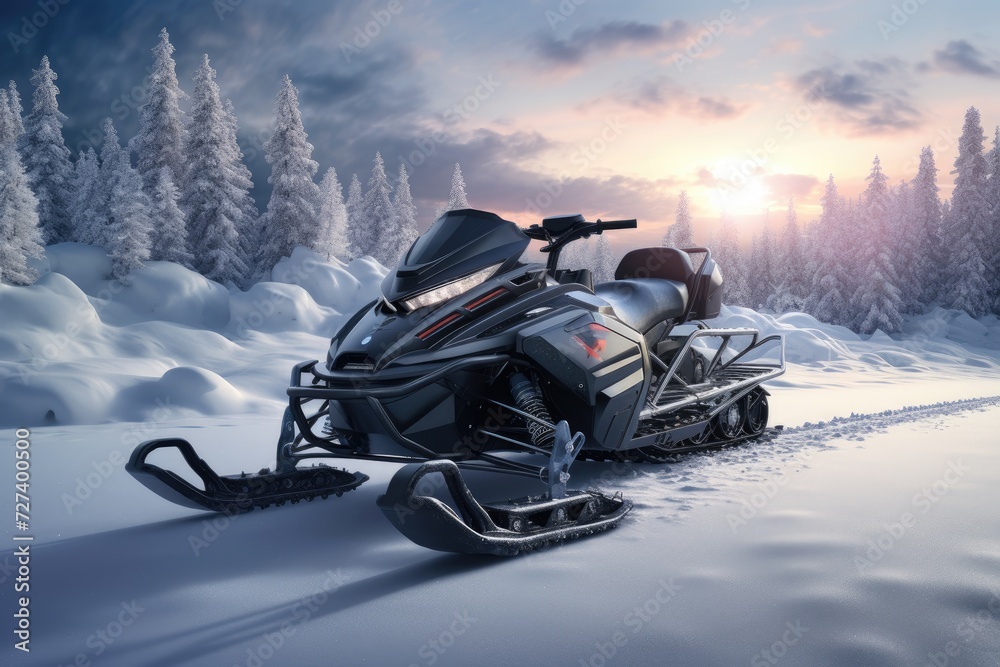 A snowmobile rests in the center of a wintry terrain, surrounded by a pristine blanket of snow, The snowmobile on a beautiful winter landscape, AI Generated