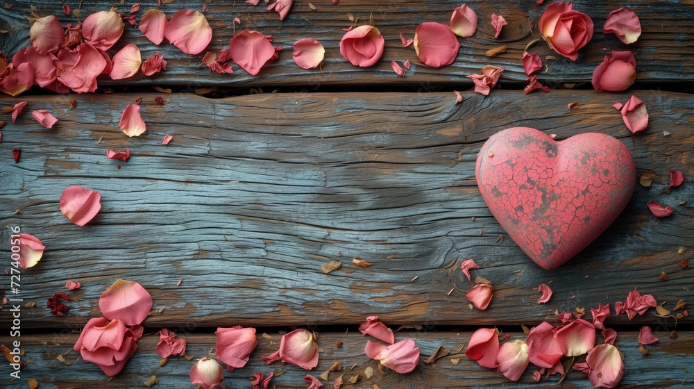 Płasko leżące serce i płatki różowych róz tworzące ramkę valentynkową na starych belkach drewnianych ze zdrapana jasno błękitną farbą - obrazy, fototapety, plakaty 