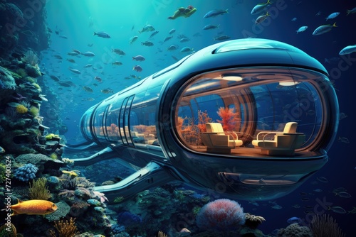 Submarine Floating Over Coral Reef, Underwater Exploration and Marine Life Encounter, The submarine of the future will be underwater next to coral reefs and fish, 6k ultra HD, AI Generated