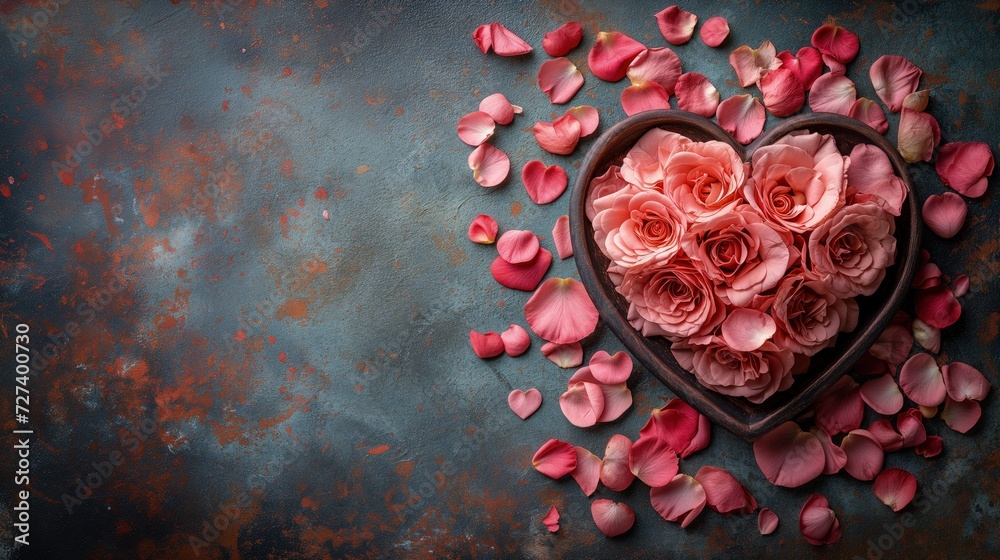 Na zdjęciu widać pudełko w kształcie serca, które jest wypełnione różowymi różami, symbolizującymi temat walentynkowy i miłość. - obrazy, fototapety, plakaty 