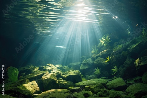 Sunlight Illuminating Water in Cave, Natural Wonder and Serene Beauty, Underwater sunlight through the water surface seen from a rocky seabed with algae, AI Generated