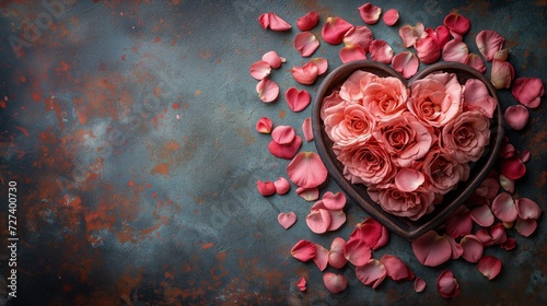 Na zdjęciu widać pudełko w kształcie serca, które jest wypełnione różowymi różami, symbolizującymi temat walentynkowy i miłość.