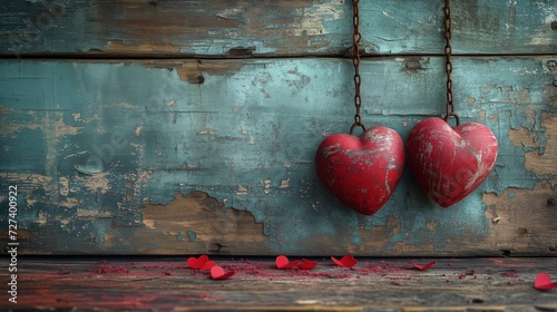 Na drewnianej ścianie wisi dwa czerwone serca, zawieszone na łańcuchu. photo