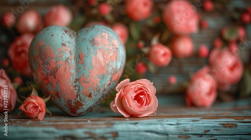 Metalowe serce vintage ze sdrapana różową farbą wśród rózowych kwiatów miłości