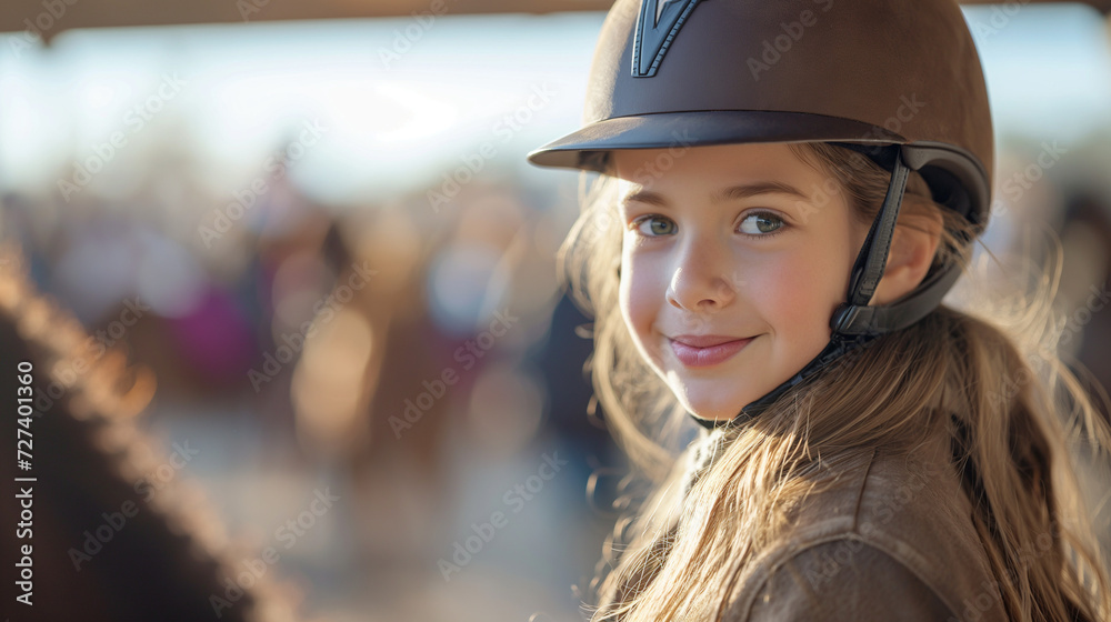 Young Girl Wearing Helmet Standing Next to Horse