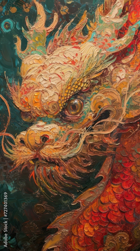 oil painting of Close-up of red and gold Chinese Dragon Chinese Spring Festival