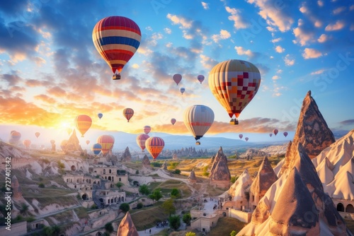 A stunning aerial view of a group of hot air balloons gracefully soaring over a picturesque valley, Majestic hot air balloons floating over Cappadocia, AI Generated