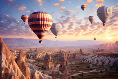 A stunning image capturing a group of colorful hot air balloons floating gracefully over a picturesque valley, Majestic hot air balloons floating over Cappadocia, AI Generated