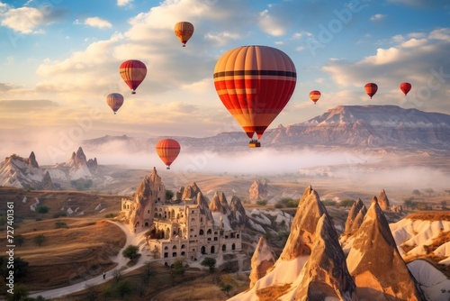 A group of hot air balloons soaring through the sky above a picturesque valley, Majestic hot air balloons floating over Cappadocia, AI Generated