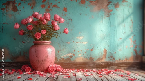 Różowa waza wypełniona różowymi różami stoi na drewnianej podłodze.