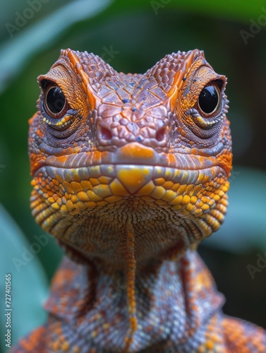 Close-up portrait shot of an exotic  expressive lizard in a rainforest. Macro photograph.