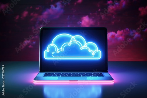 An image of a laptop screen with a vibrant neon cloud displayed., neon light showing cloud computing on tablet computer., AI Generated