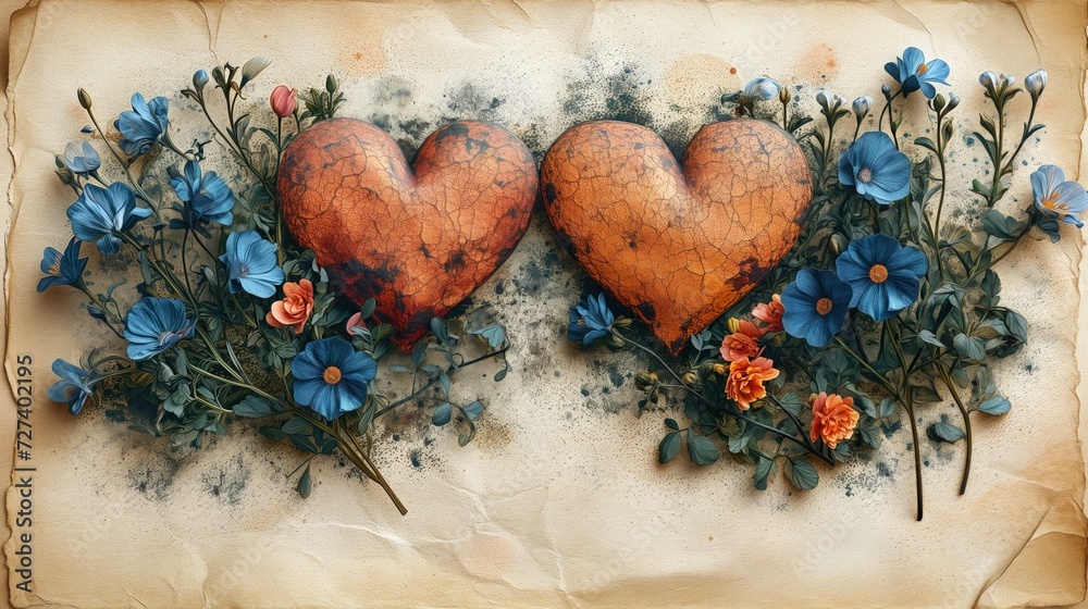 Obraz przedstawia dwie serca otoczone kwiatami na teksturze nadpalonego papieru.  - obrazy, fototapety, plakaty 