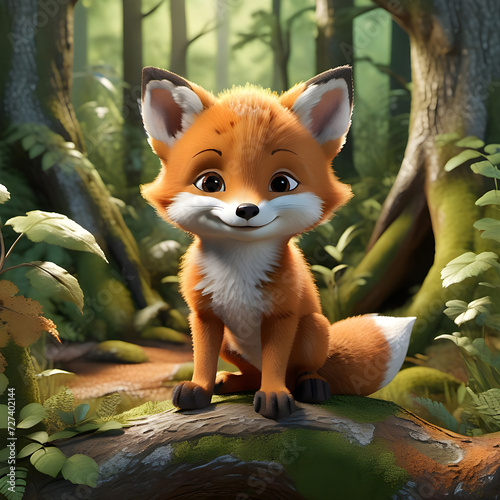 Baby fox in the forest. Illustration of a friendly fox. Image made in AI.
