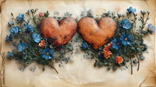 Obraz przedstawia dwie serca otoczone kwiatami na teksturze nadpalonego papieru. 