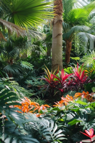 A tropical garden with exotic plants like palm trees, ferns, and vibrant, lus...
