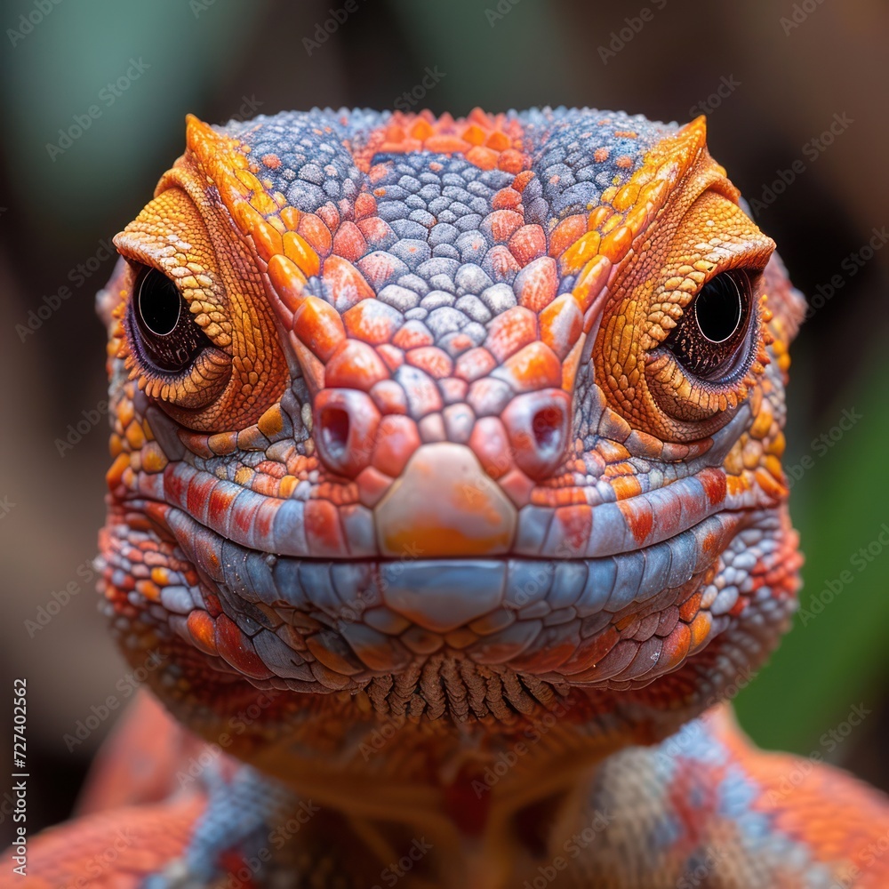 Obraz premium Close-up portrait shot of an exotic, expressive lizard in a rainforest. Macro photograph.