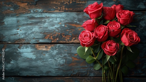 Bukiet czerwonych róż ustawiony na drewnianym stole. Leży płasko.