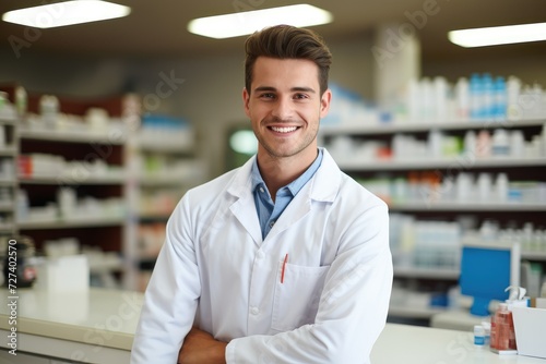 A pharmacist wearing a white lab coat stands in a pharmacy  ready to assist patients with their medical needs  Portrait of a cheerful handsome pharmacist leaning on counter at drugstore  AI Generated