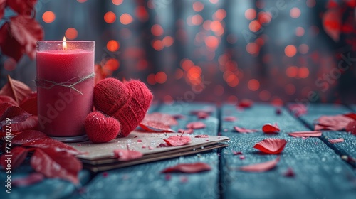 Czerwona świeca i wełniane serce stoją na listach miłosnych w scenerii i tle romantycznej walentynkowej.