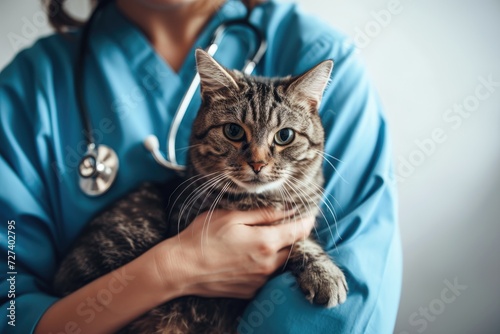 Veterinarian holding a cat in his arms. Cat at the doctor's appointment. Pet health. 