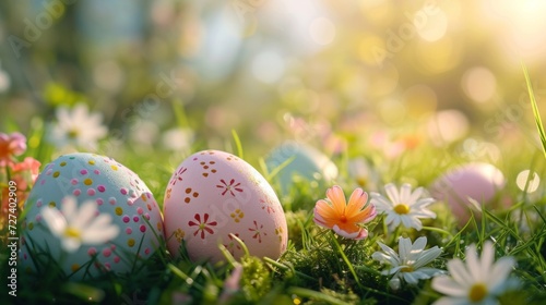 A pastel-colored Easter egg hunt scene, evoking the joy of festive springtime gatherings.